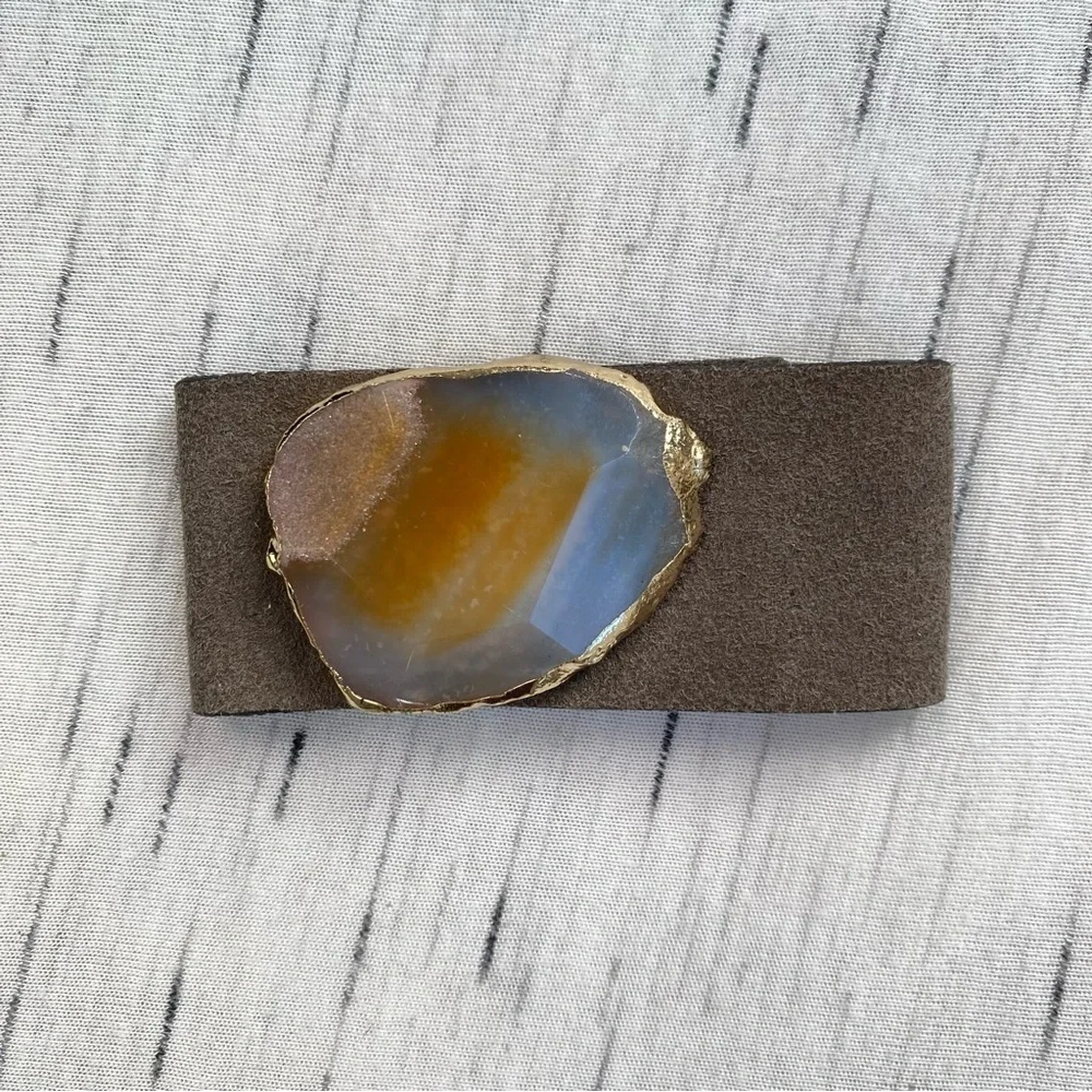 Agate Stone and Raw Suede with Gold Hardware Statement Cuff Bracelet - Picture 2 of 8